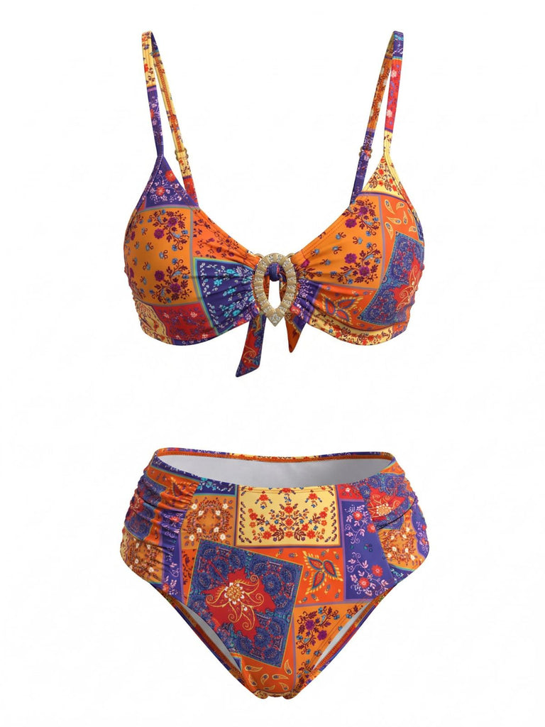 1970s Paisley Floral Bikini Set With Crystal Horseshoe Ring - vintage swimsuit, pin-up swimwear for vintage lovers