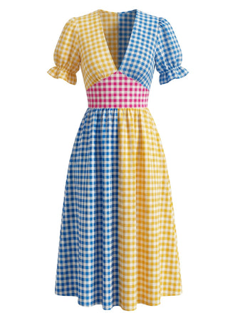 Multicolor 1940s V-Neck Midi Swing Dress - vintage dress, retro fashion, rockabilly