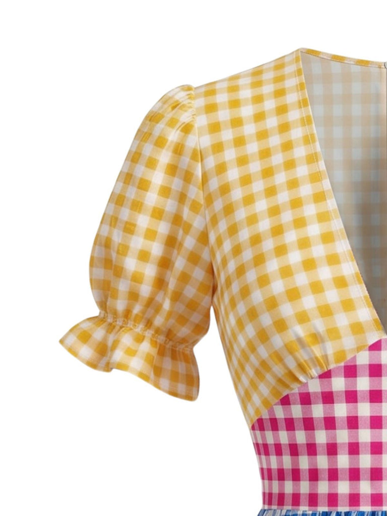 Multicolor 1940s V-Neck Plaid Patchwork Swing Dress, vintage dress, retro fashion, rockabilly, pin-up fashion - perfect for women who love vintage and retro fashion