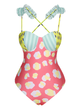 Multicolor 1950s Cartoon Patchwork Swimsuit, vintage swimsuit, pin-up swimwear - perfect for women who love vintage and retro fashion