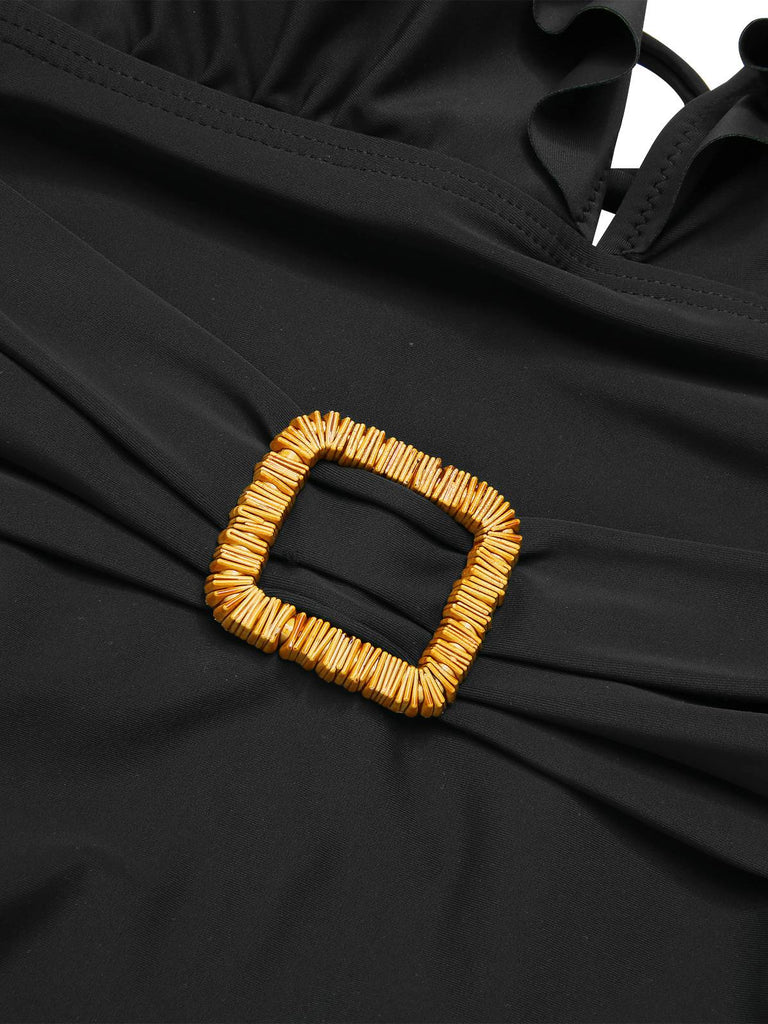 This 1950s Floral Ring Belted Ruffles Swimsuit carries 1950s vacation dreams in every stitch