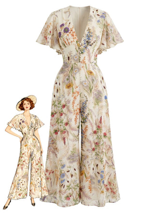 Multicolor-1950s-Floral-V-Neck-Chiffon-Flutter-Sleeve-Jumpsuit, vintage, retro, romper