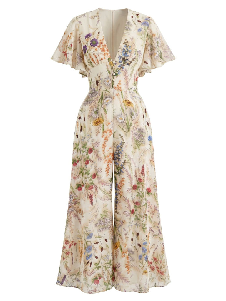 Multicolor-1950s-Floral-V-Neck-Chiffon-Flutter-Sleeve-Jumpsuit, vintage, retro, romper