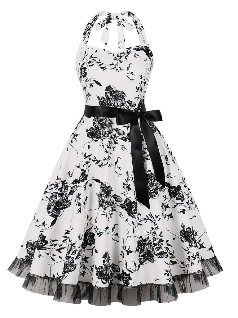Multicolor 1950s Halter Floral Lace Hem Dress, vintage dress, retro fashion, rockabilly, pin-up fashion - perfect for women who love vintage and retro fashion