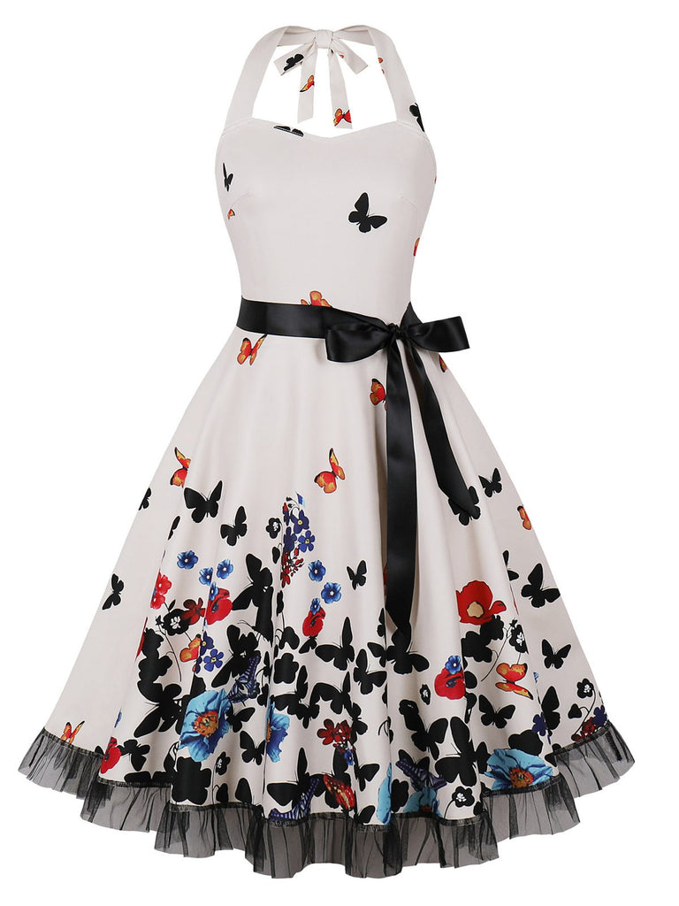 Multicolor 1950s Halter Floral Lace Hem Dress, vintage dress, retro fashion, rockabilly, pin-up fashion - perfect for women who love vintage and retro fashion