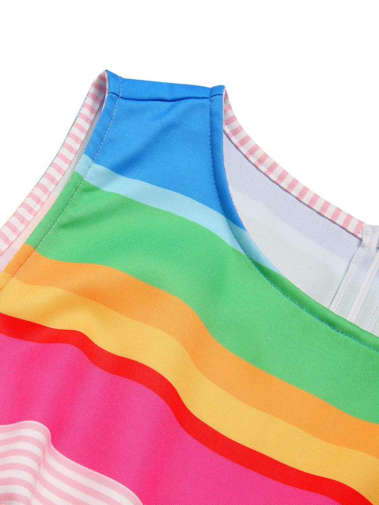 Multicolor 1950s Rainbow Striped Boat Neck Dress — a 1950s silhouette that turns sidewalks into runways