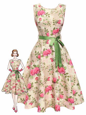 She slips into this Multicolor 1950s Rose Pictorial Belted Dress and suddenly it's a 1950s daydream