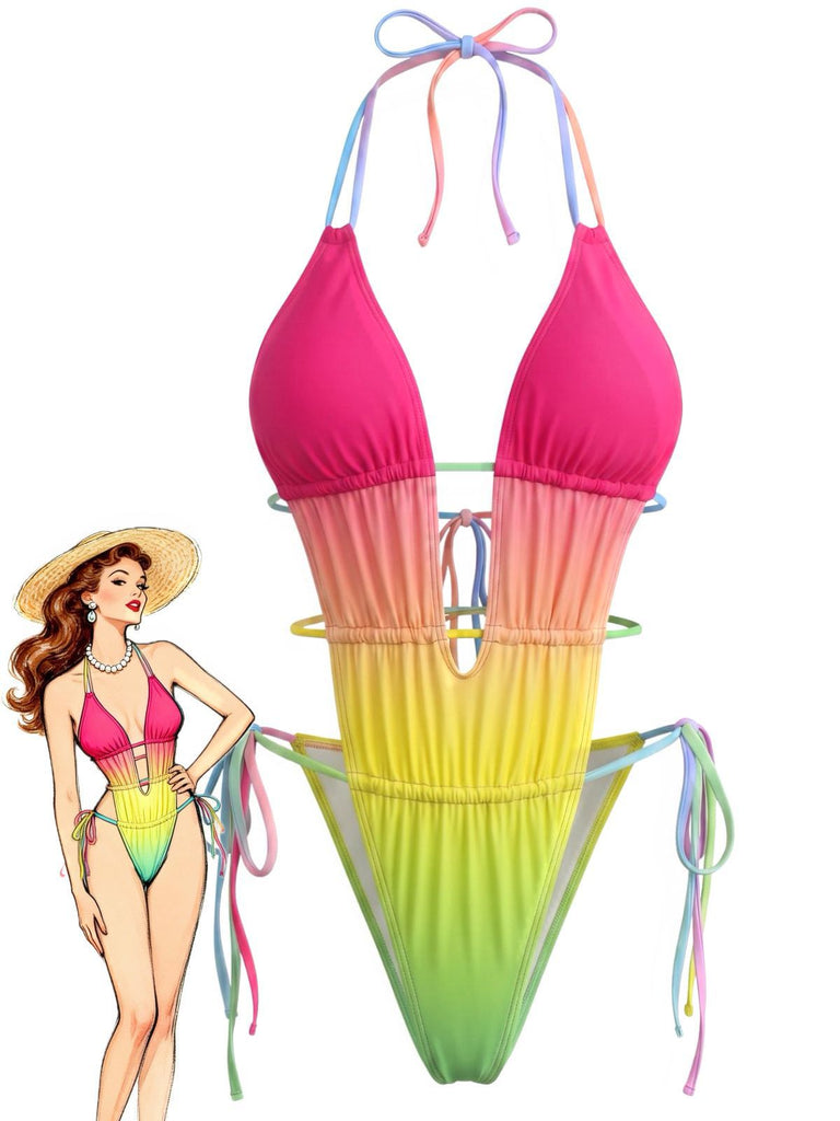 [Pre-Sale] Multicolor 1950s Ruched Gradient Beach One-Piece Swimsuit, vintage swimsuit, pin-up swimwear - perfect for women who love vintage and retro fashion