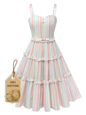 She slips into this Multicolor 1950s Spaghetti Strap Striped Dress and suddenly it's a 1950s daydream