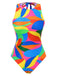 Multicolor 1960s Abstract Leaves One-Piece Swimsuit, vintage swimsuit, pin-up swimwear - perfect for women who love vintage and retro fashion