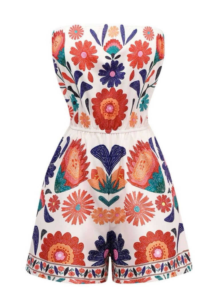 Multicolor 1960s Floral Bandeau Backless Romper - vintage jumpsuit, retro fashion