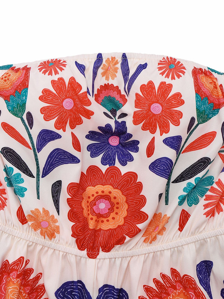 Multicolor 1960s Floral Bandeau Backless Romper - vintage jumpsuit, retro fashion
