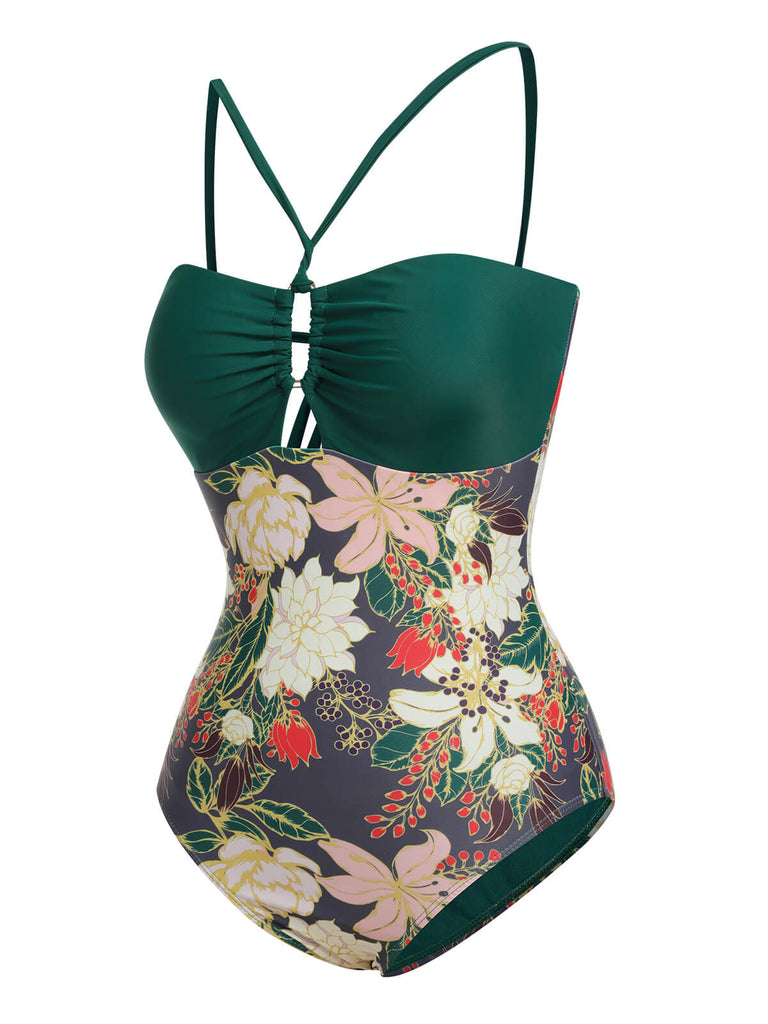 Multicolor 1960s Floral Halter One-Piece Swimsuit: 1960s Riviera elegance, reimagined for her