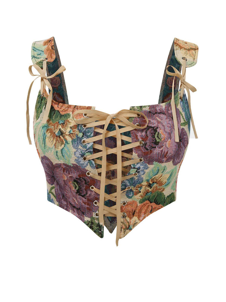 Multicolor 1960s Floral Lace-Up Bustier Crop Top - vintage fashion, retro style