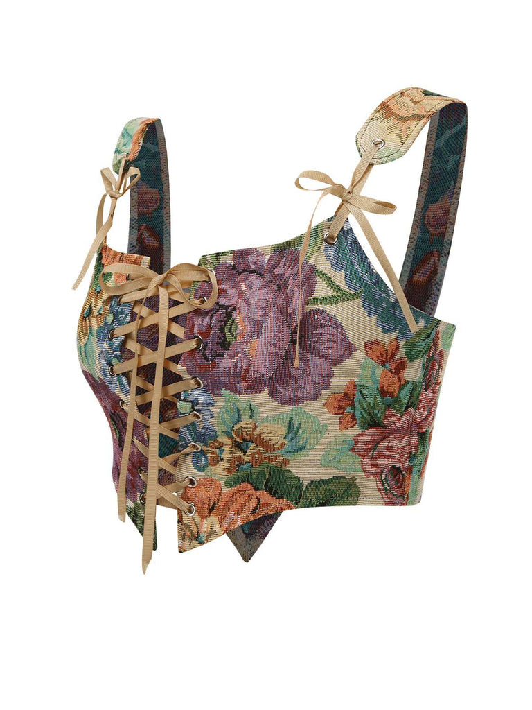 1960s Floral LaceUp Bustier Crop | 1960s | vintage blouse, retro top