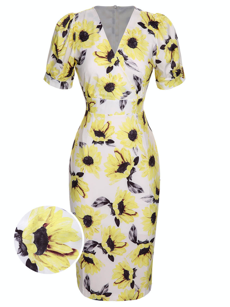 She slips into this Multicolor 1960s Floral Sunflower V-Ausschnitt Dress and suddenly it's a 1960s daydream