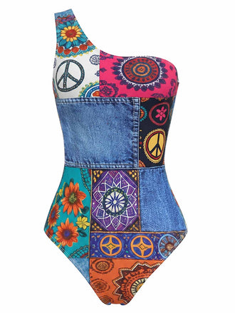 [Pre-Sale] Multicolor 1960s Hippie Asymmetrical One-Shoulder Swimsuit - vintage swimsuit, pin-up swimwear for vintage lovers