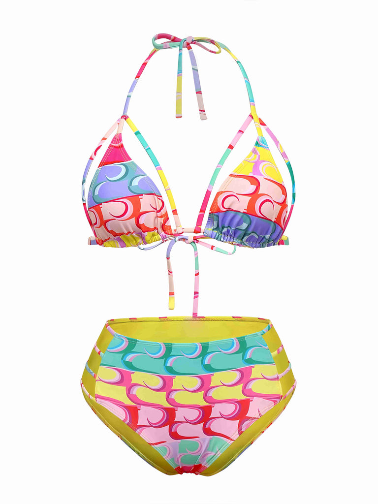 Multicolor 1960s Lace-up Rainbow Halter Bikini Set - vintage fashion, retro style