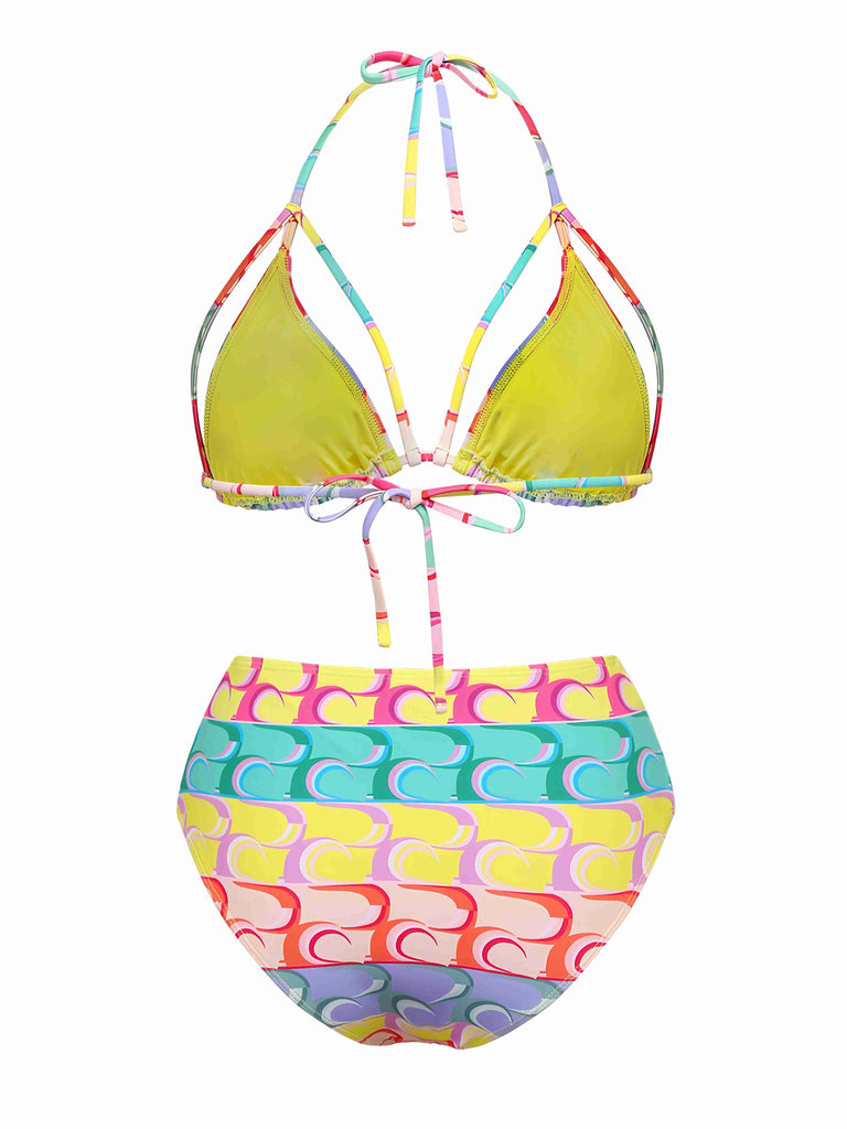 Multicolor 1960s Lace-up Rainbow Halter Bikini Set - vintage fashion, retro style