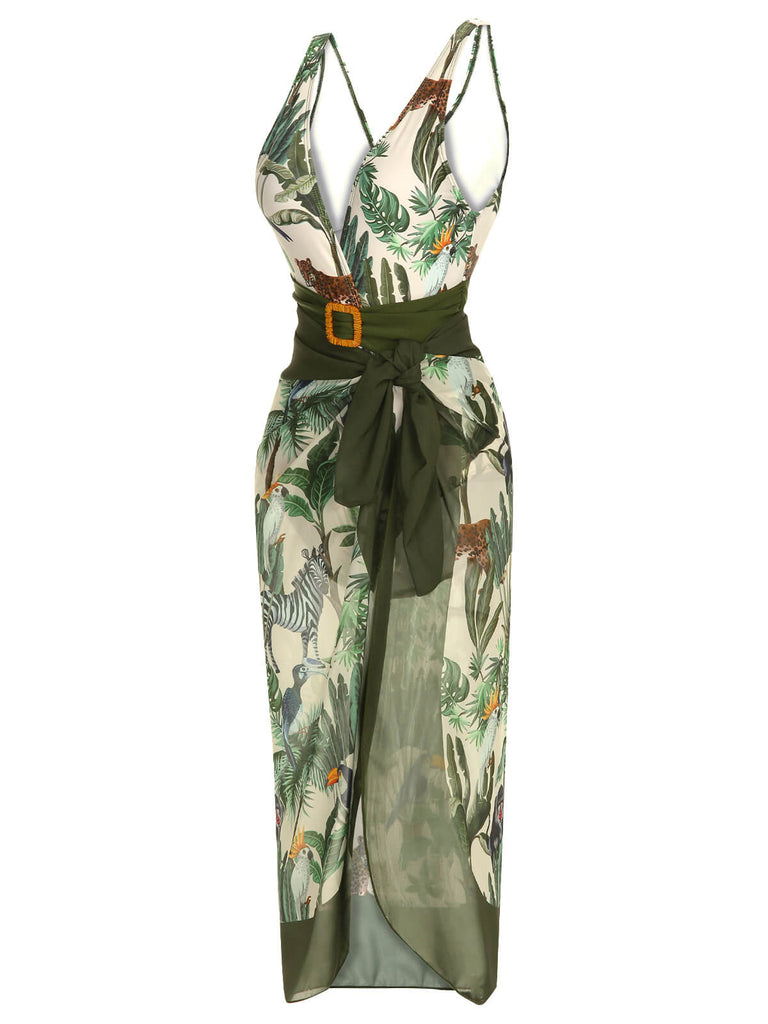This Multicolor 1960s Palm Leaf Swimsuit & Cover-Up carries 1960s vacation dreams in every stitch
