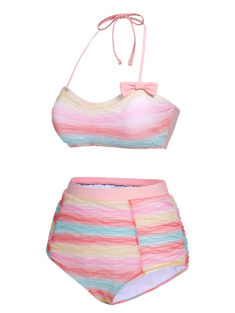 Multicolor 1960s Rainbow Mesh Bow Swimsuit, vintage swimsuit, pin-up swimwear - perfect for women who love vintage and retro fashion