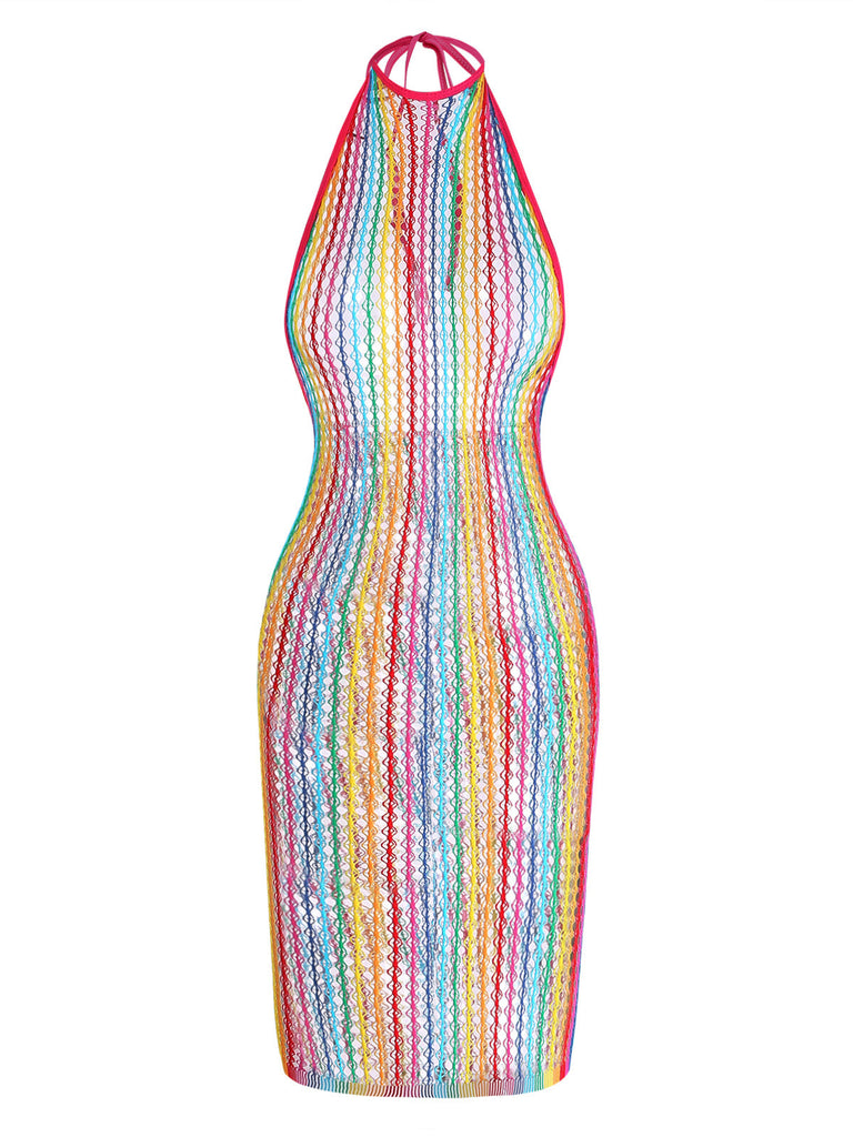 Multicolor 1960s Rainbow Mesh Nightgown 6