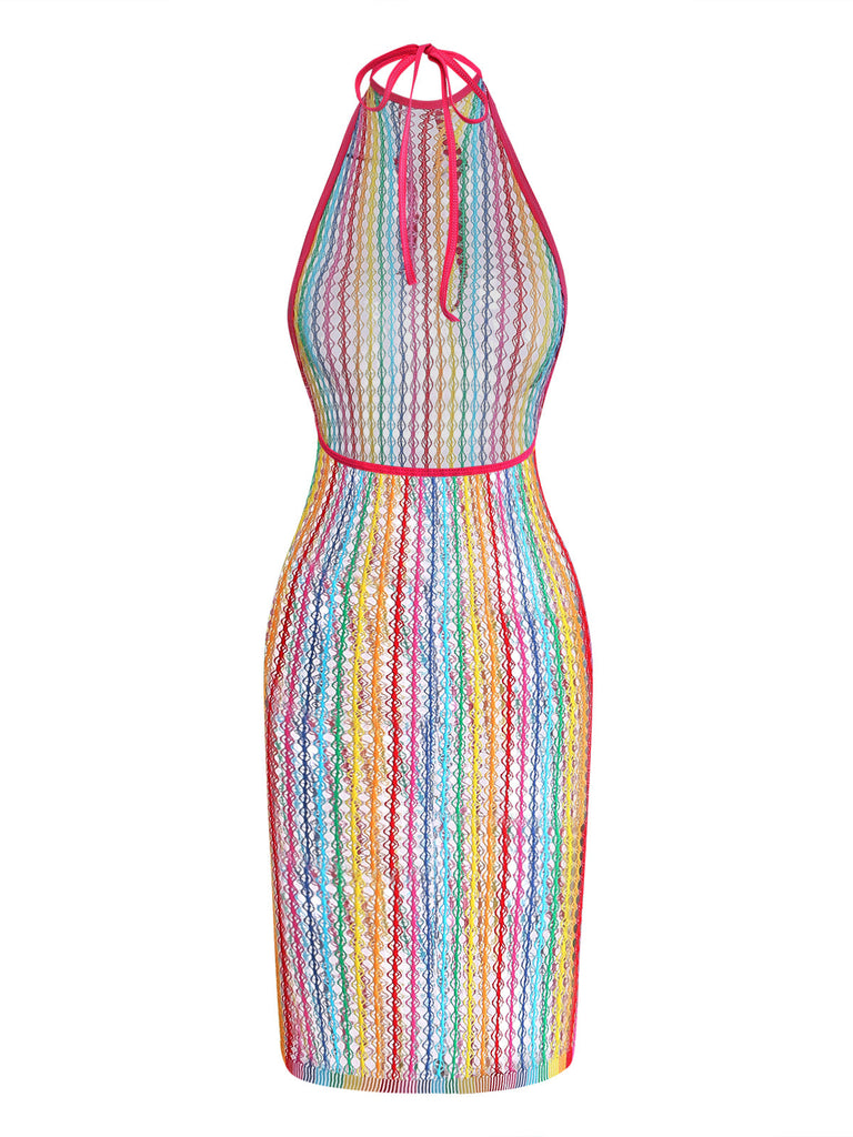 Multicolor 1960s Rainbow Mesh Nightgown 5