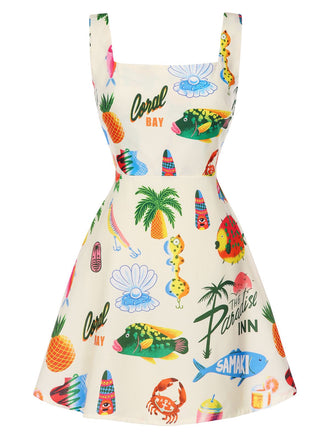 She slips into this Multicolor 1960s Tropical Fruits Wide-Straps Dress and suddenly it's a 1960s daydream