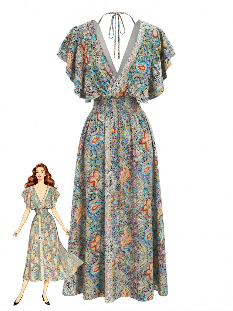 Multicolor 1970s Bohemia Ruffle Sleeve Smocked Dress - vintage dress, retro fashion for vintage lovers