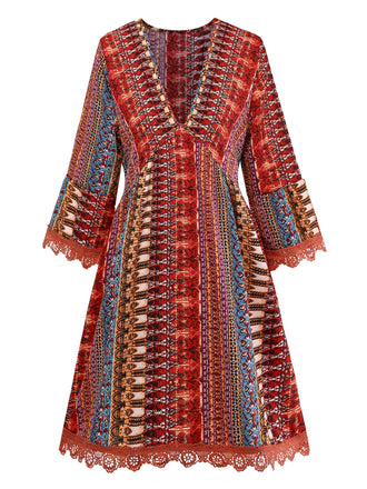 Multicolor 1970s Bohemian V-Neck Tiered Sleeve Dress - vintage dress, retro fashion, elegant style for vintage lovers
