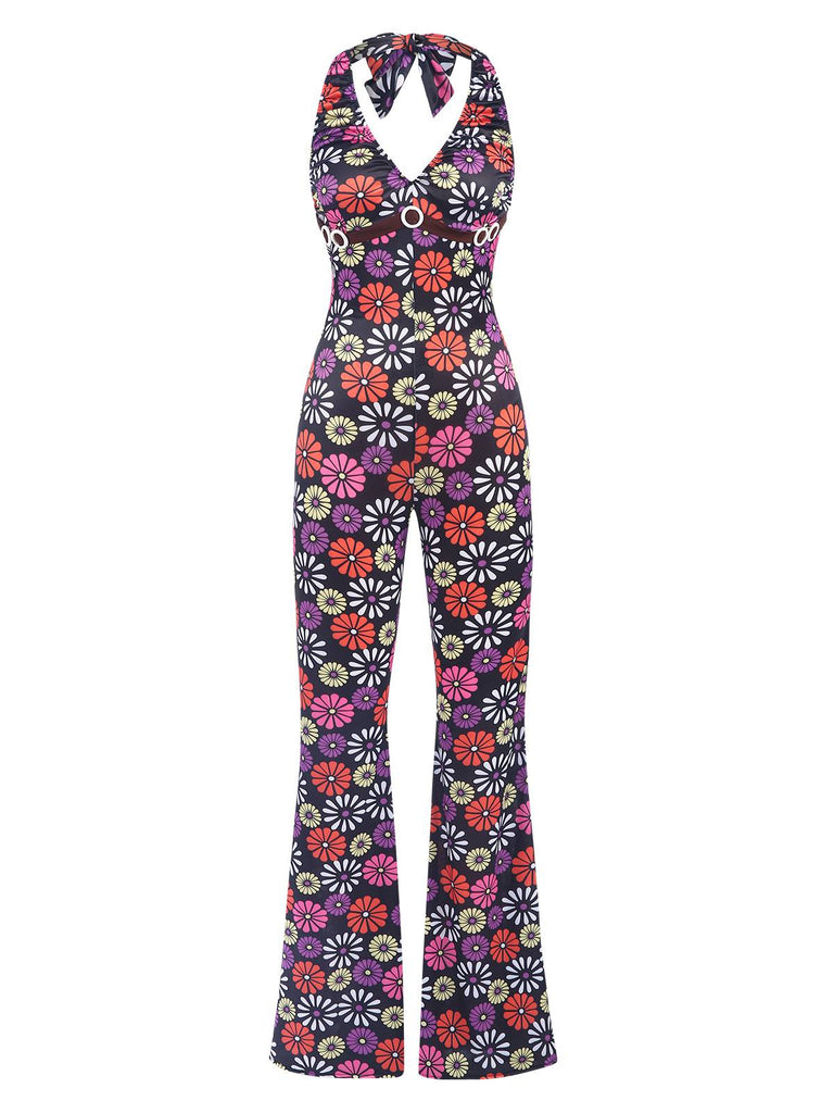 She finds her 1970s story in this Multicolor 1970s Hippie Floral Halter Jumpsuit