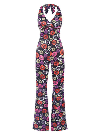 She finds her 1970s story in this Multicolor 1970s Hippie Floral Halter Jumpsuit