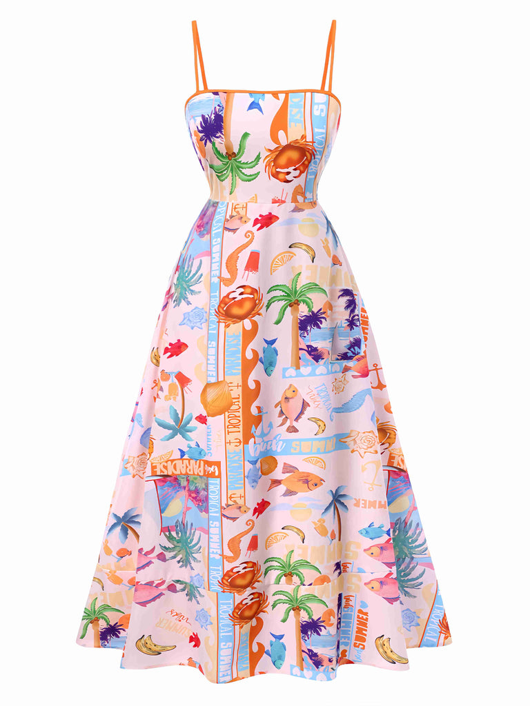 She slips into this Multicolor 1970s Ocean Live Suspender Maxi Dress and suddenly it's a 1970s daydream