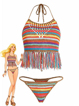 Multicolor 1970s Striped Tassel Crochet Halter Bikini Set - vintage swimwear, retro swimsuit, pin-up style for vintage lovers