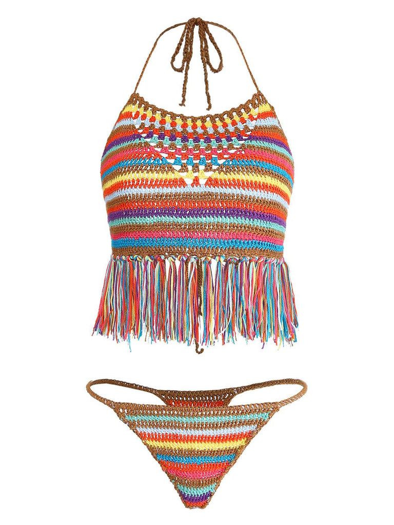Multicolor 1970s Striped Tassel Crochet Halter Bikini Set: beautiful vintage swimwear, retro swimsuit, pin-up style with timeless appeal