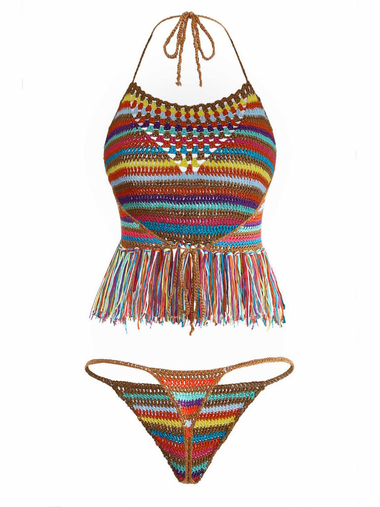 Multicolor 1970s Striped Tassel Crochet Halter Bikini Set | vintage swimwear, retro swimsuit, pin-up style - perfect for retro fashion enthusiasts