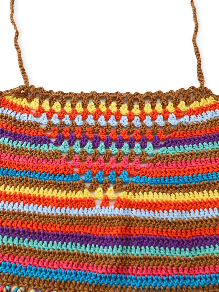 Multicolor 1970s Striped Tassel Crochet Halter Bikini Set - vintage swimwear, retro swimsuit, pin-up style for vintage lovers