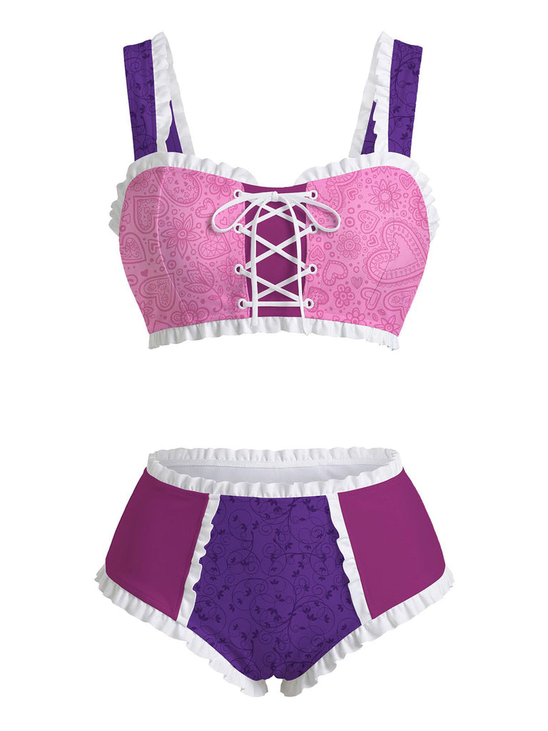 Purple and pink lingerie set with lace details on a white background