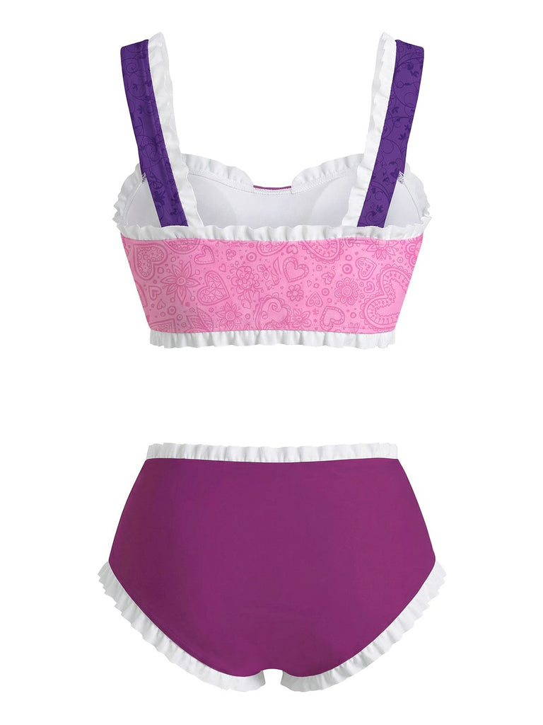 Two-piece swimsuit with pink and purple design on a white background