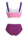 Two-piece swimsuit with pink and purple design on a white background