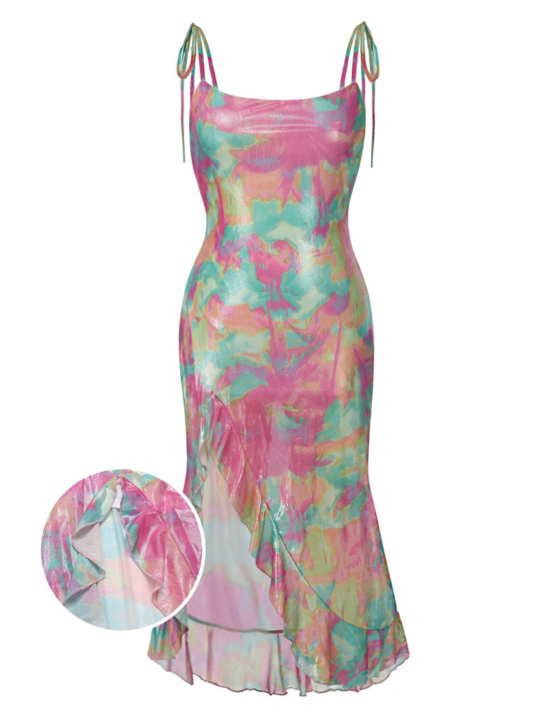 Multicolored tie-dye dress with thin straps on a white background