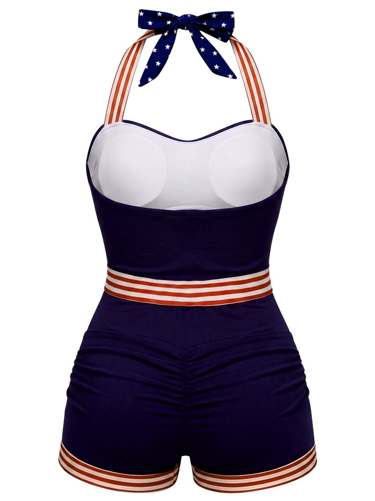 [Pre-Sale] Navy Blue 1940s Halter Star & Stripe & Anchor Patchwork Swimsuit, vintage swimsuit, pin-up swimwear - perfect for women who love vintage and retro fashion