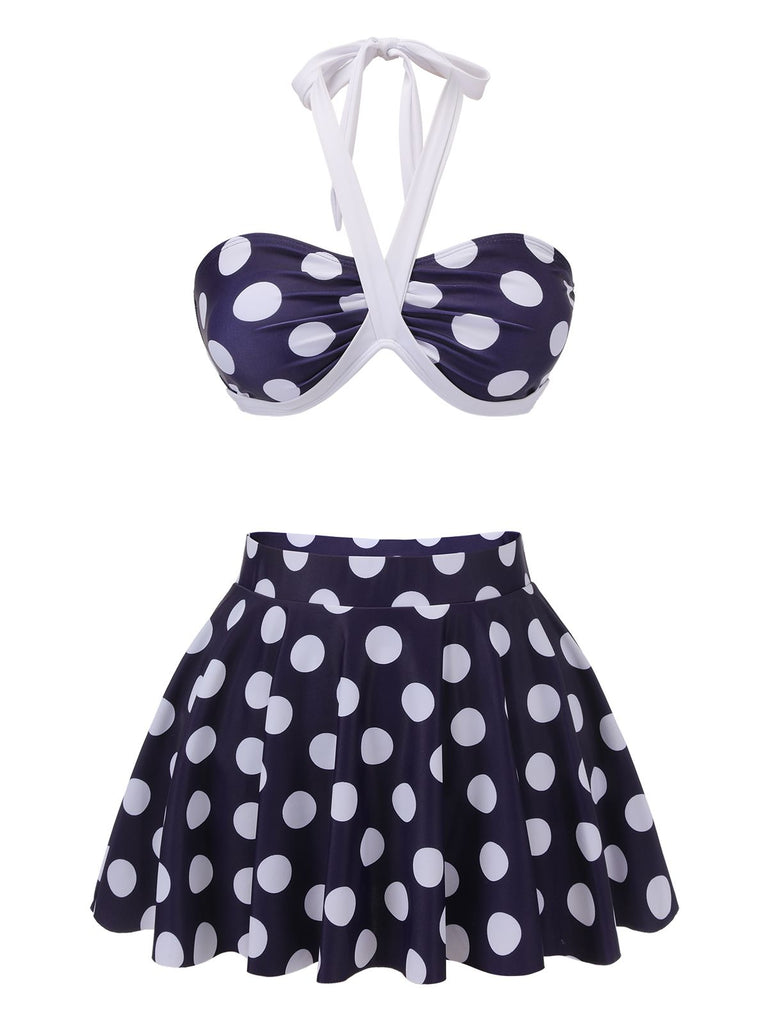 Navy Blue 1940s Polka Dot Halter Swimsuit — vintage elegance for the modern woman