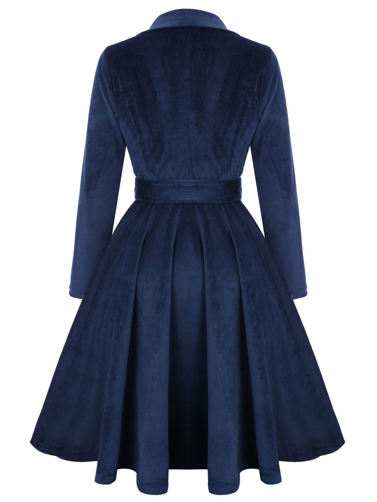 Navy Blue 1950s Corduroy Long Coat - vintage fashion, retro style