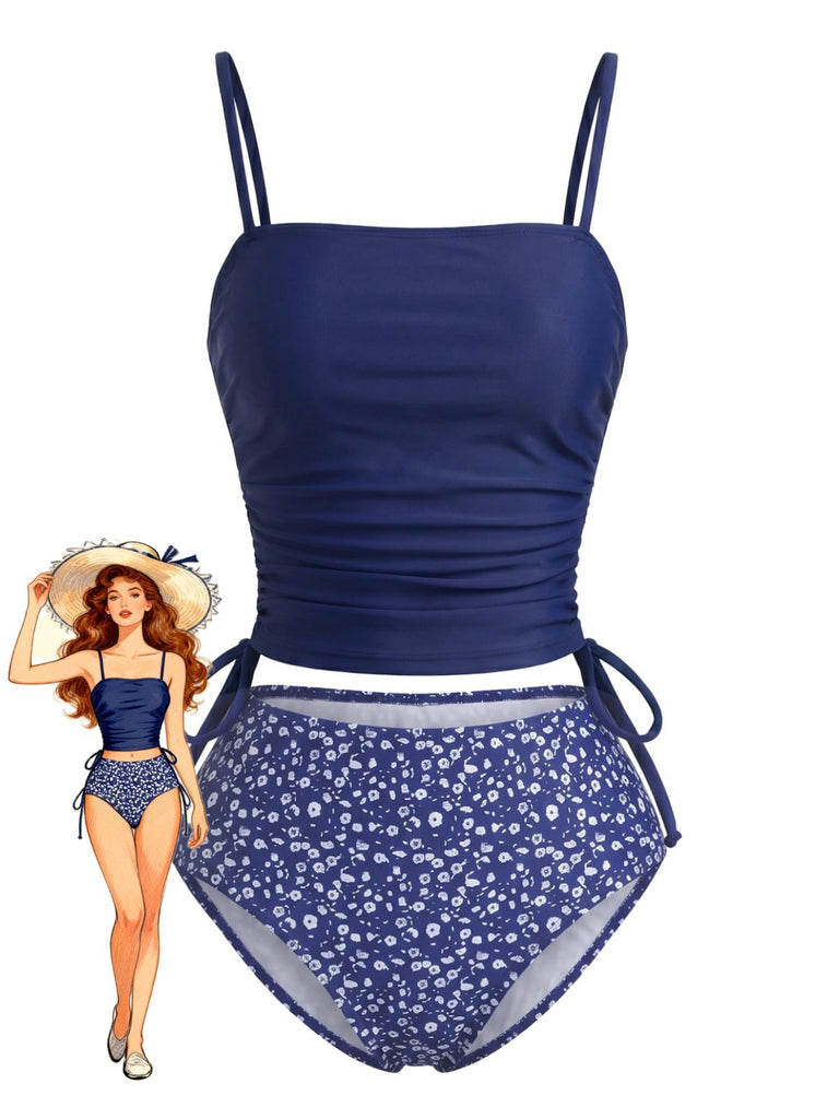 Navy 1950s Print Spaghetti Strap Tankini Set 2