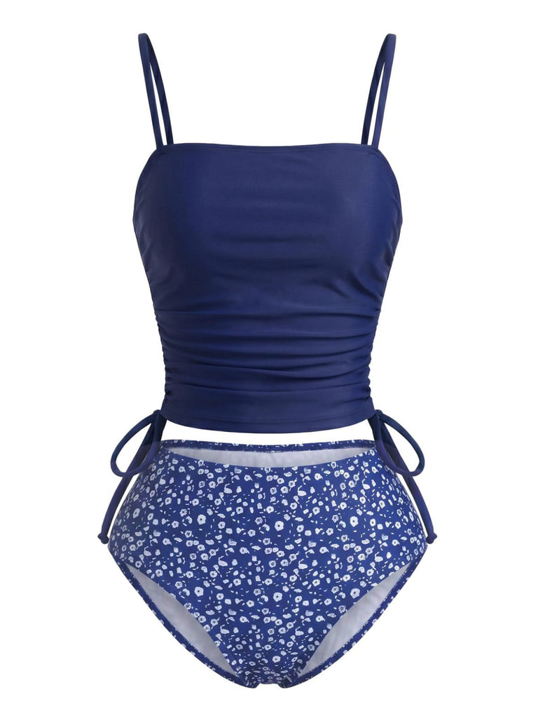 Navy Blue 1950s Floral Drawstring Waist Tankini Set, vintage fashion, retro style - perfect for women who love vintage and retro fashion