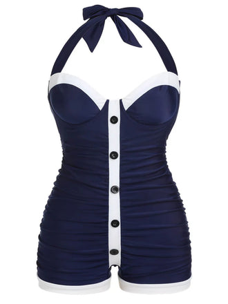 Navy Blue 1950s Pleated Halter Swimsuit: timeless style reimagined