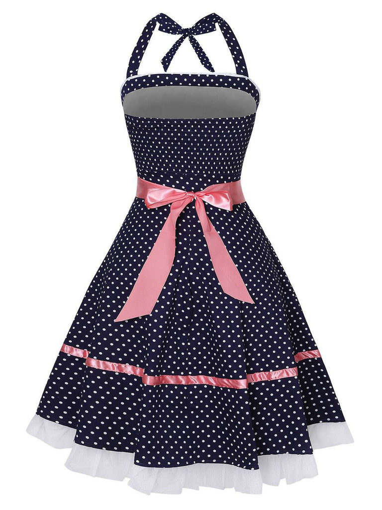Navy Blue 1950s Polka Dot Halter Dress: where 1950s romance meets her modern spirit
