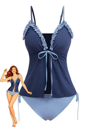 Navy Blue 1950s Ruffled Striped Tie Front Tankini Set - vintage fashion, retro style, classic elegance for vintage lovers
