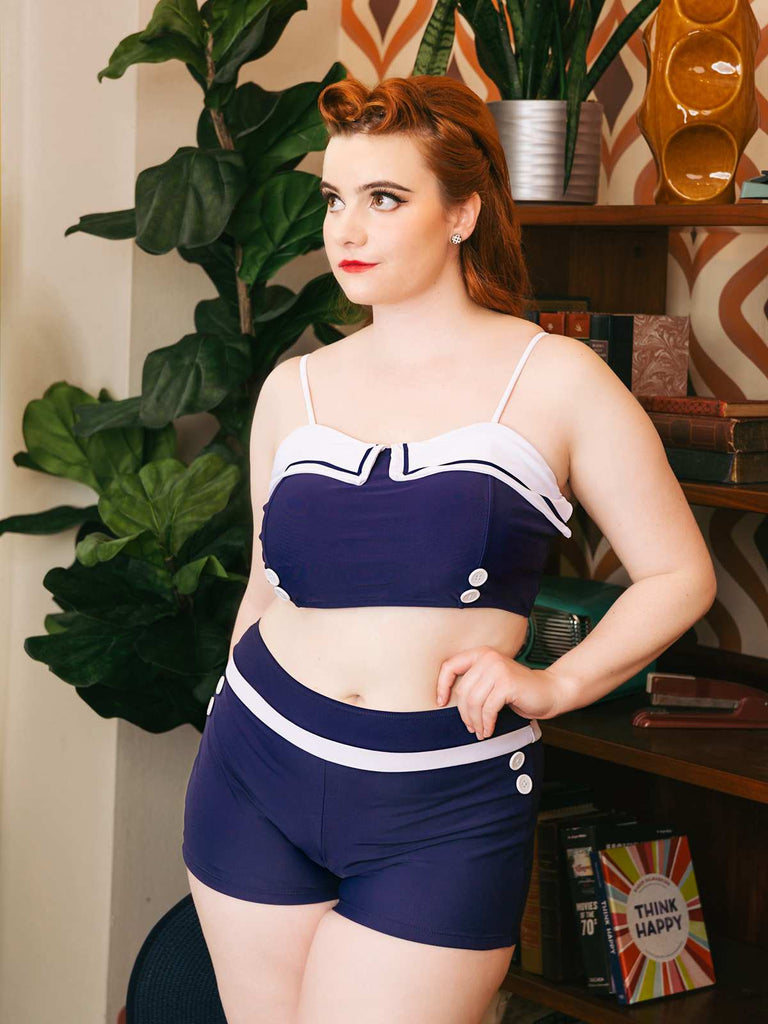 Navy Blue 1950s Spaghetti Buttons Swimsuit — vintage elegance for the modern woman